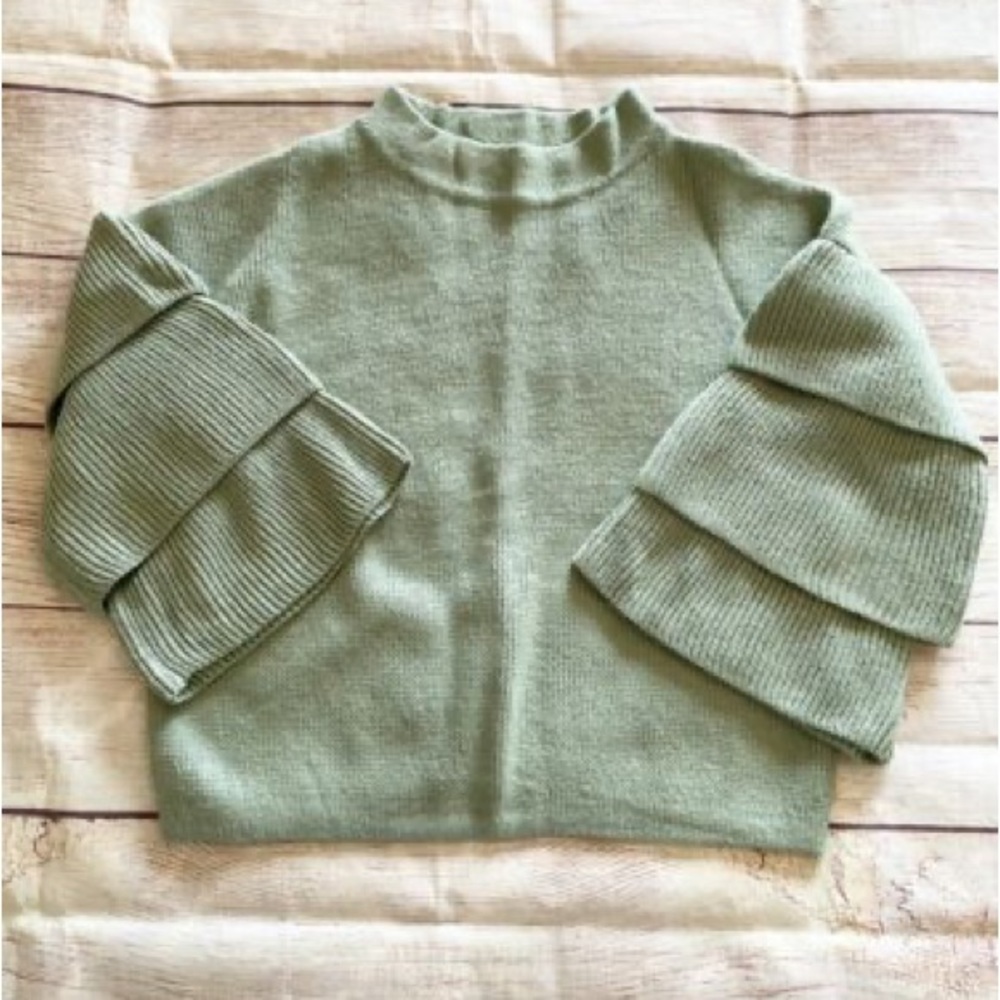 Poof Green Pullover Ruffle Tiered Sleeve Sweater